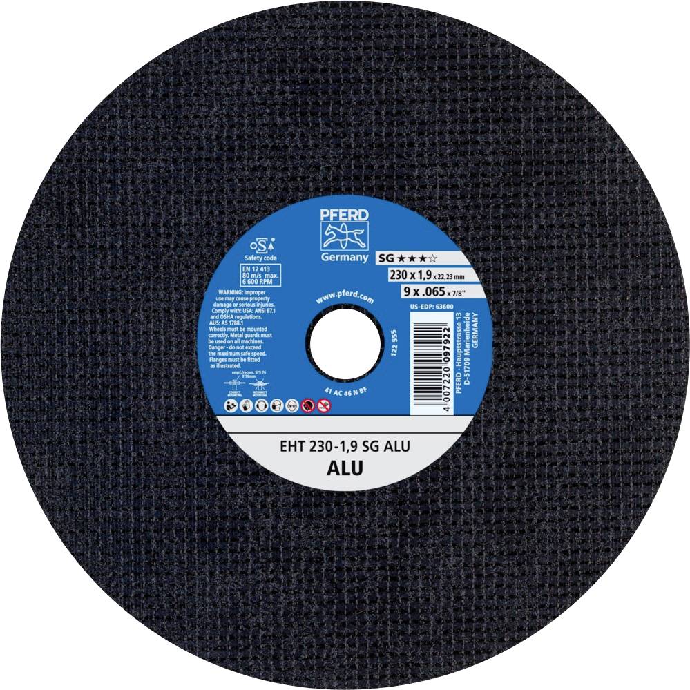 'Disco abrasiva con scritta: PFERD Germania, 230 x 1,9 mm, SG ALU, idonea per alluminio.'