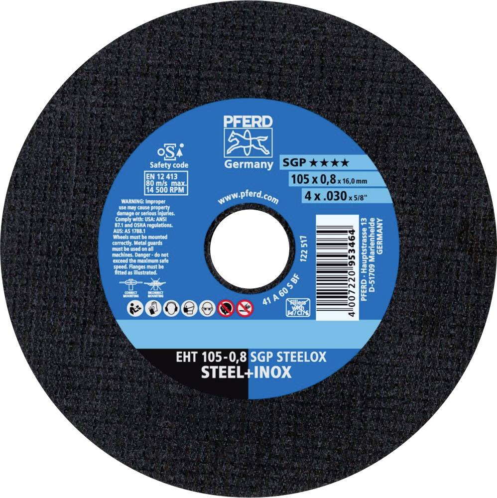 Disco abrasivo PFERD, modello SGP STEELOX, dimensioni 105 x 0,8 mm, adatto per acciaio e acciaio inossidabile.