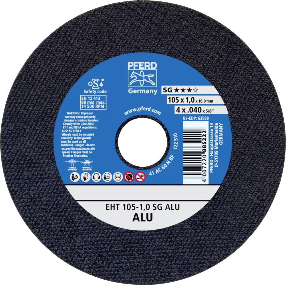 Disco abrasivo del marchio 'PFERD' per alluminio, diametro 105 mm, spessore 1,0 mm. Informazioni di sicurezza e applicazione sull'etichetta.