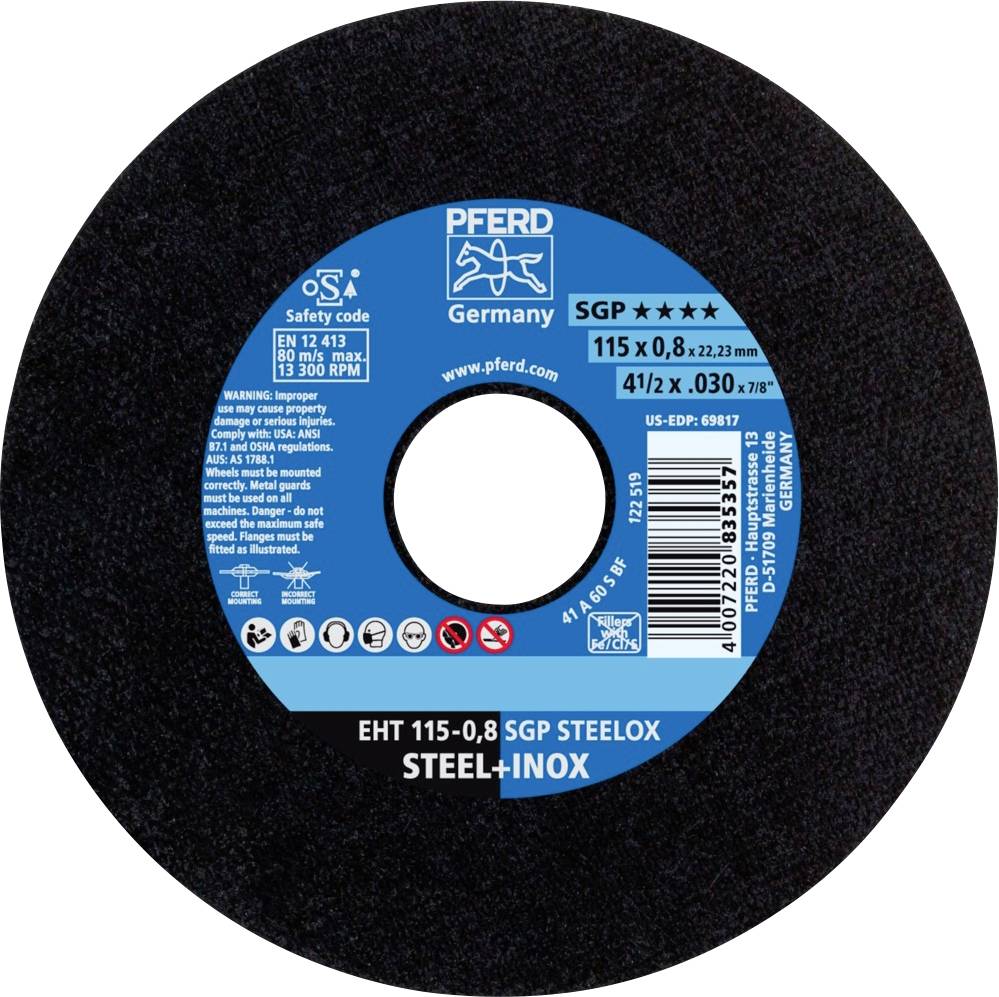 Disco abrasiva con etichetta blu, marca Pferd Germany. Denominazione: EHT 115-0,8 SGP STEELOX. Diametro: 115 mm, spessore: 0,8 mm.