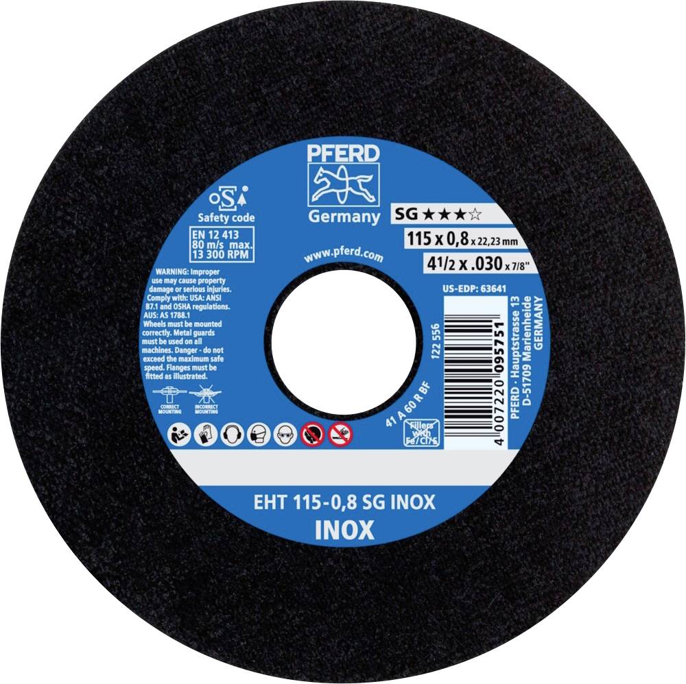 Disco da taglio 'PFERD', diametro 115 mm, spessore 0,8 mm, materiale 'INOX', adatto per acciaio inossidabile. Marcatura per sicurezza e specifiche.