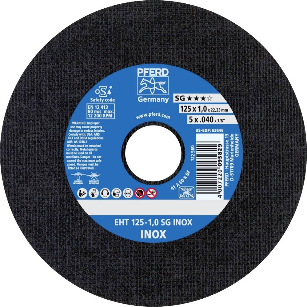 'Disco abrasivo del marchio PFERD Germany, modello SG INOX, diametro 125 mm, spessore 1,0 mm, per lavorazione dell'acciaio inossidabile, velocità massima 12.200 giri/min.'