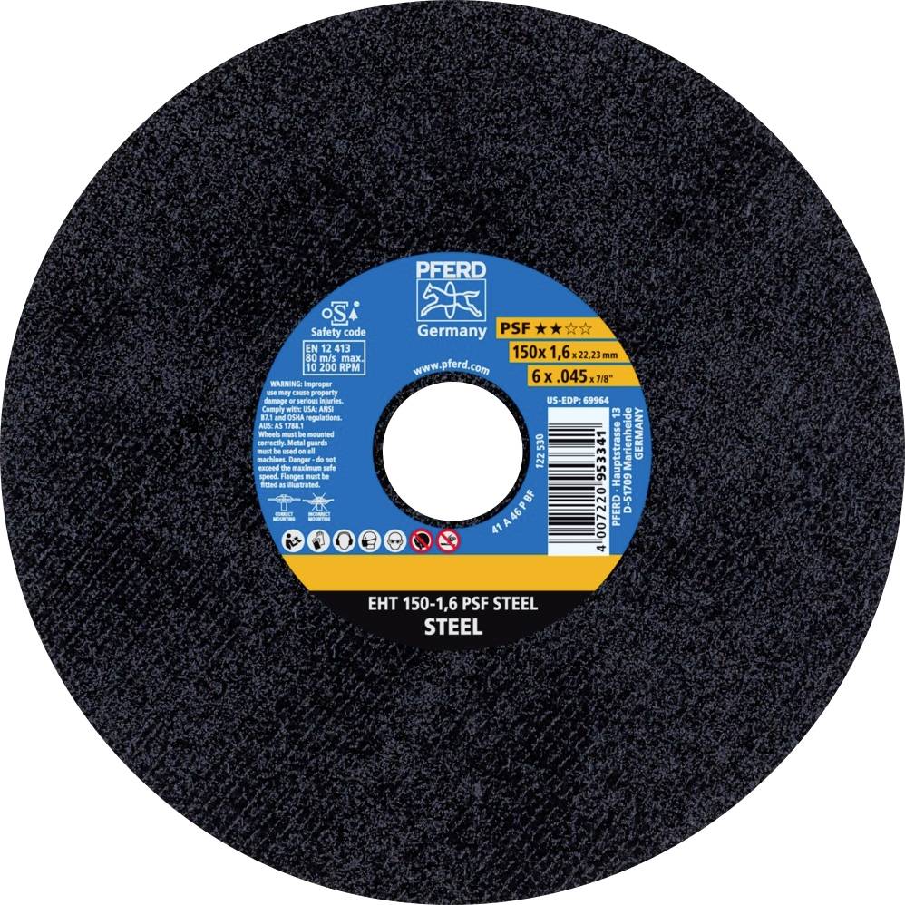 Disco abrasivo 'EHT 150-1,6 PSF STEEL' per lavorazione dell'acciaio, diametro 150 mm, spessore 1,6 mm. Marchio 'Pferd'.