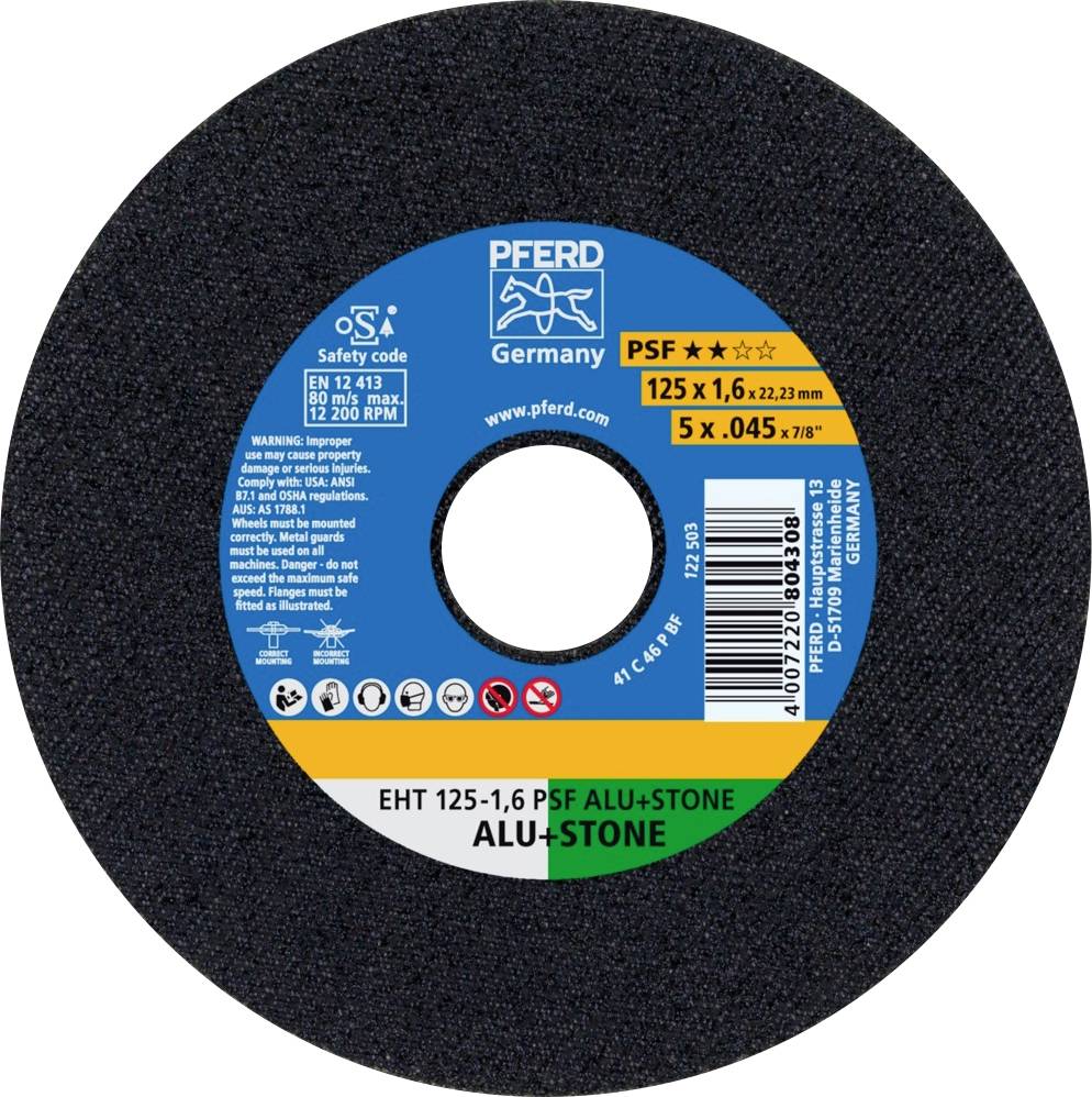 Disco abrasiva con etichetta blu, marchio 'PFERD', modello 'PSF ALU+STONE', dimensioni 125 x 1,6 mm, adatta per alluminio e pietra.