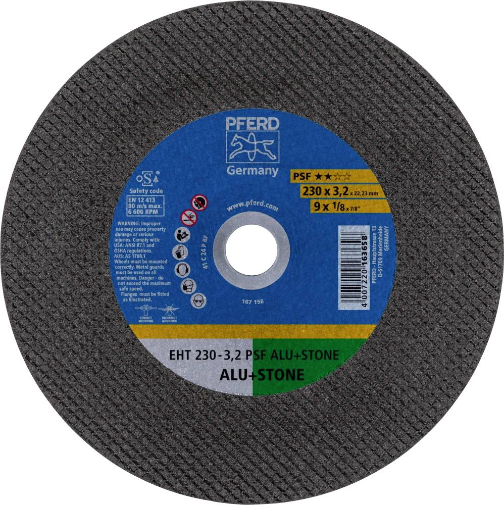 Disco abrasiva con etichetta 'PFERD Germany', modello 'PSF ALU+STONE', diametro 230 mm, spessore 3,2 mm, per la lavorazione dei metalli.