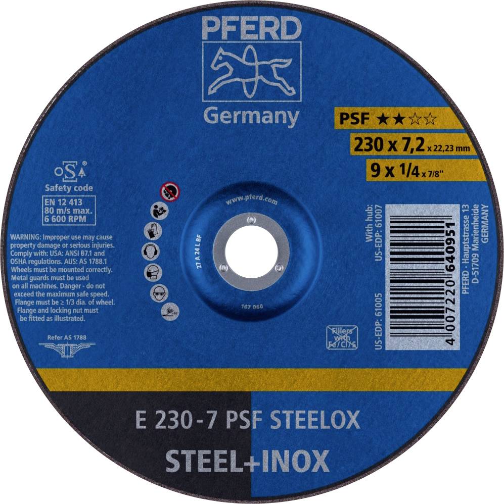 Disco abrasivo Pferd, modello E 230-7 PSF STEELOX, per acciaio e acciaio inossidabile, adatto per 230 x 7,2 x 22,23 mm, 6600 giri/min.