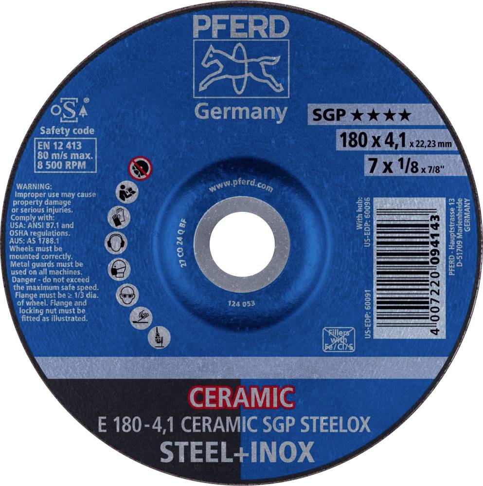 Disco abrasivo PFERD, tipo E 180-4.1, adatto per acciaio e acciaio inossidabile. Ceramica SGP, diametro 180 mm, spessore 4,1 mm.