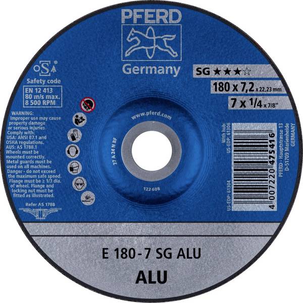 PFERD TOOLS 62217622 E 180-7 SG ALU Disco di sgrossatura con centro depresso Diametro 180 mm Ø foro 22.23 mm Alluminio, Metalli non ferrosi 10 pz.