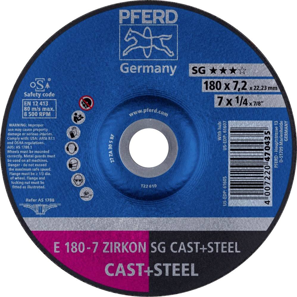 Disco abrasivo di 'Pferd Germany', con specifiche: 180 x 7,2 x 22,23 mm, max. 8500 giri/min, idoneo per acciaio fuso.