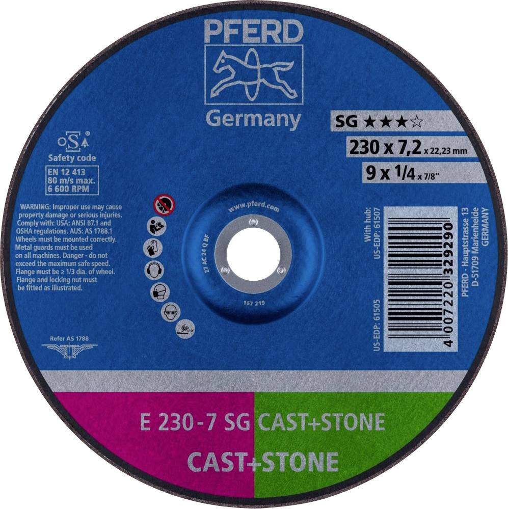 Disco abrasiva con etichetta blu-verde, marca 'Pferd', diametro: 230 mm, spessore: 7,2 mm, materiale: SG CAST+STONE.