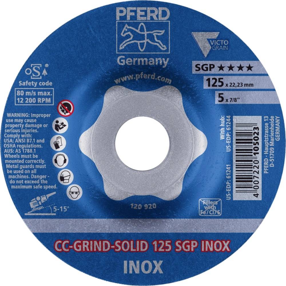 Disco abrasiva con scritta 'PFERD Germania', 'SGP ★★★★', idonea per acciaio inossidabile. Avvertenze e simboli di sicurezza sono illustrati.