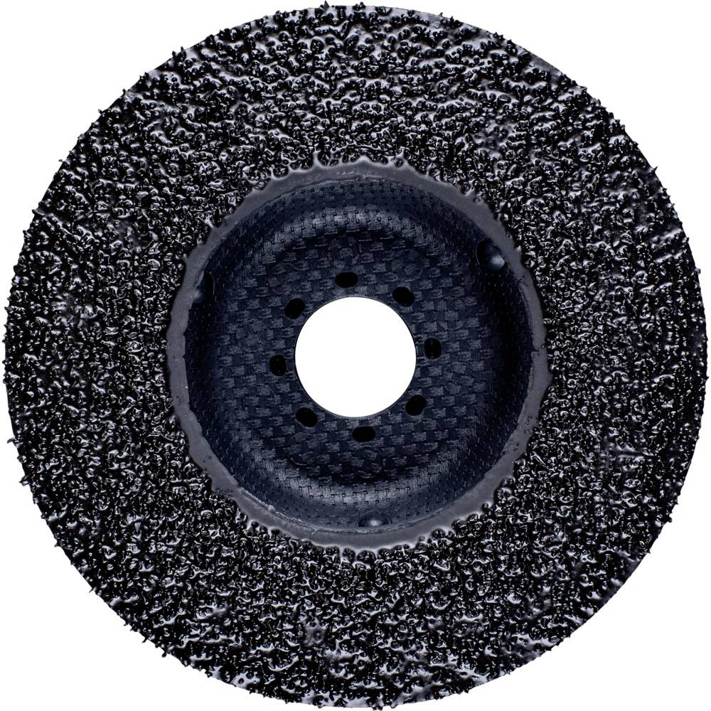 Un disco abrasivo nero con texture grossolana e foro centrale, utilizzato per levigare e lisciare materiali.