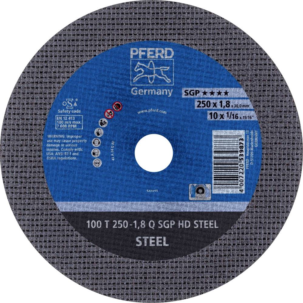 Disco abrasivo in acciaio, marca 'Pferd', diametro 250 mm, spessore 1,8 mm. Contiene avvertenze di sicurezza e informazioni sul prodotto.