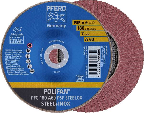 PFERD TOOLS 67746185 PFC 180 A 60 PSF STEELOX Disco con falde Diametro 180 mm Ø foro 22.23 mm Dimensione dei grani 60 Acciaio inox, Acciaio 10 pz.
