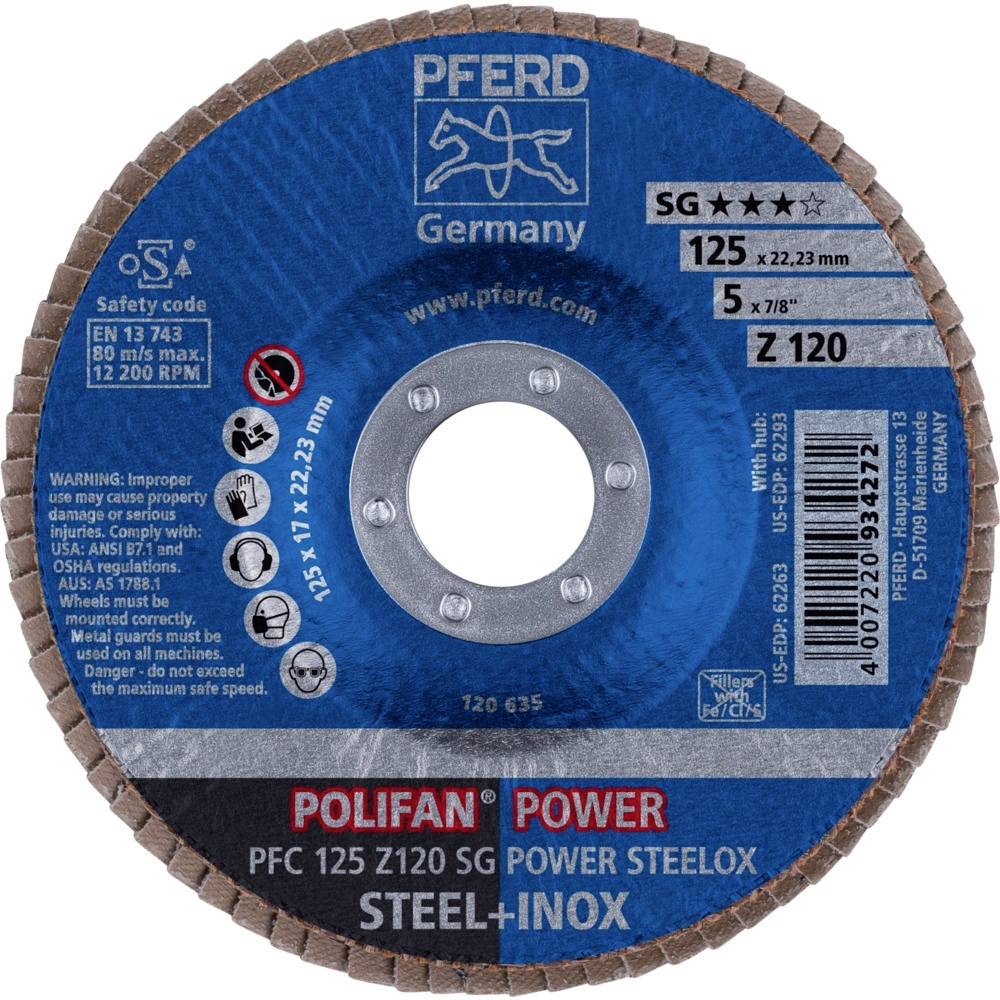 'PFERD Germania' Disco abrasivo, numero modello 'PFC 125 Z120 SG Power Steelox', diametro 125 mm, granulometria Z 120, adatto per acciaio e acciaio inossidabile.