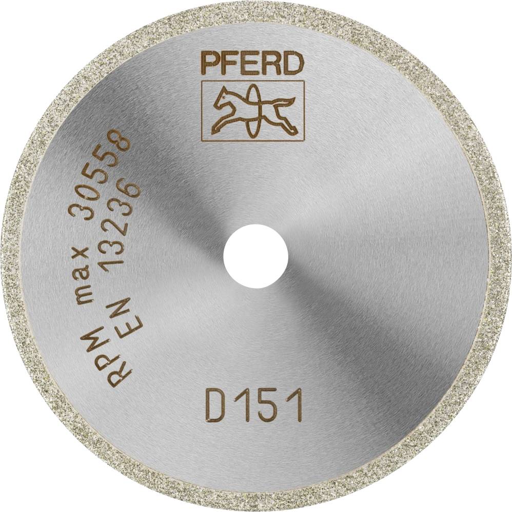 Disco rotonda di colore argento per la levigatura, con la scritta 'D151', logo di un cavallo, indicazioni 'PFERD', 'RPM max 30558' e 'EN 13236'.