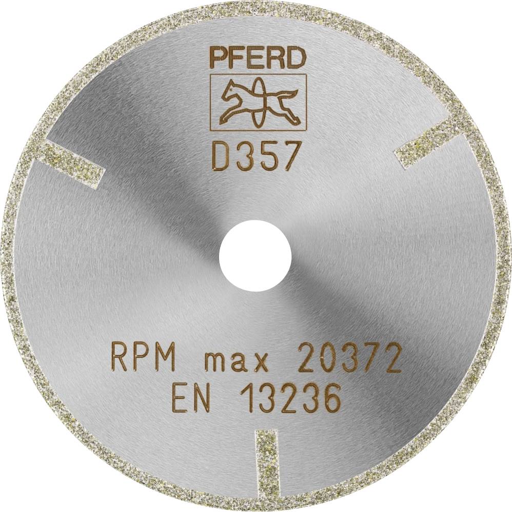 Disco abrasiva in metallo, contrassegnata con 'PFERD D357', velocità massima 'giri/min max 20372', norma 'EN 13236'. Superficie con scintille.