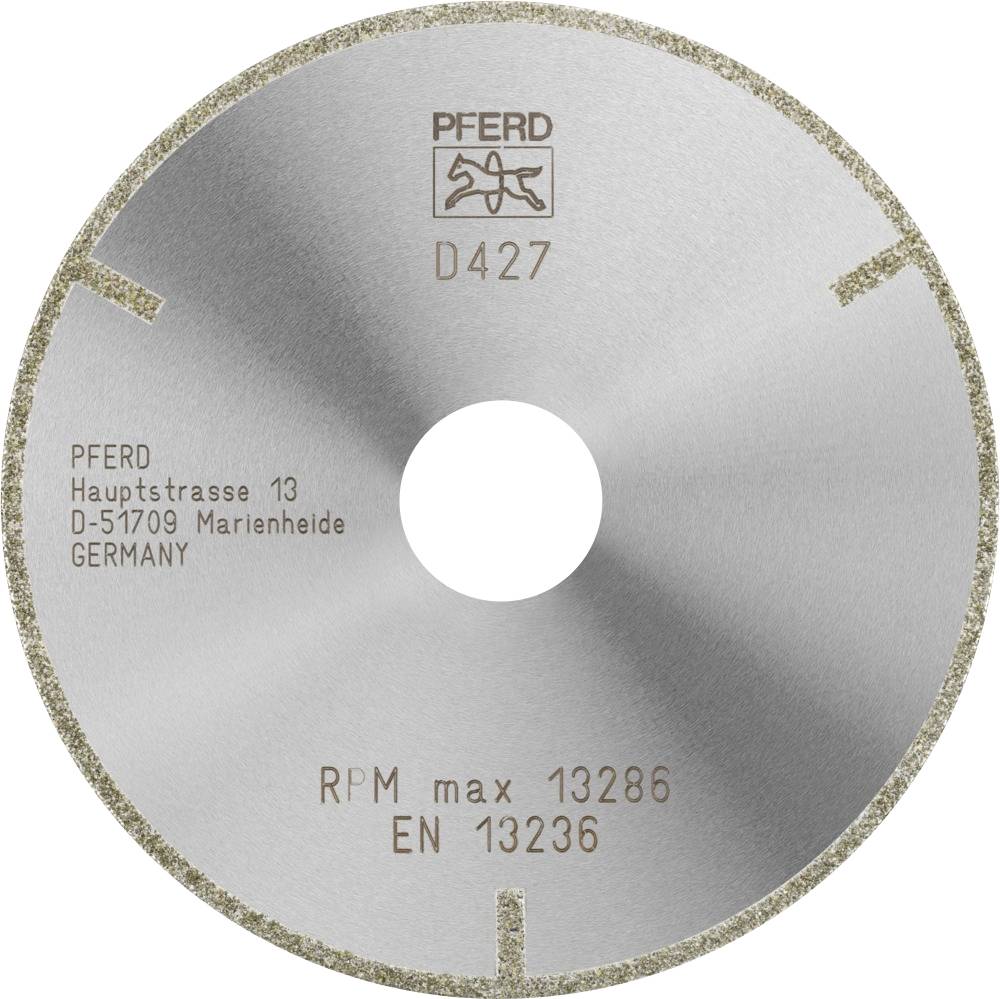 Disco da taglio con iscrizione: 'PFERD D427', 'RPM max 13286', 'EN 13236'. Indirizzo del produttore a Marienheide, Germania.