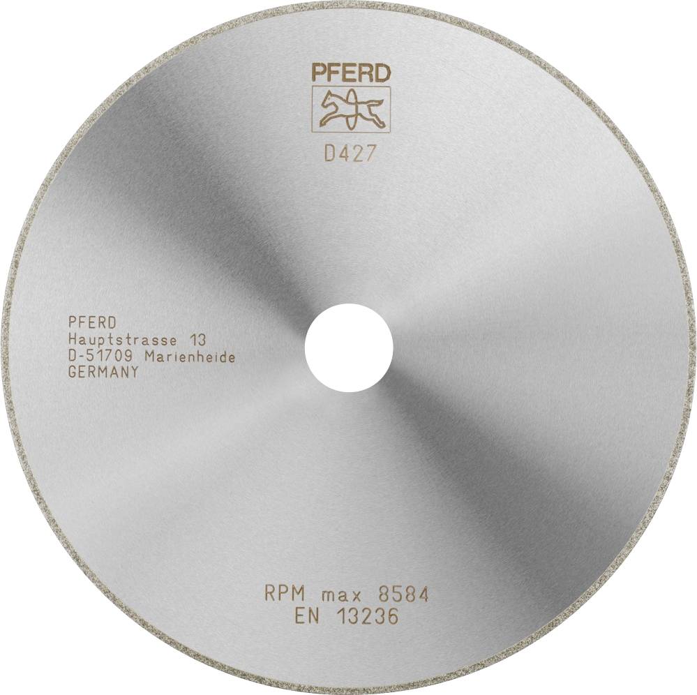 Disco abrasiva con scritta 'PFERD D427', indirizzo del produttore 'PFERD, Via Principale 13, D-51709 Marienheide, GERMANIA', velocità massima 'RPM max 8584', norma 'EN 13236'.