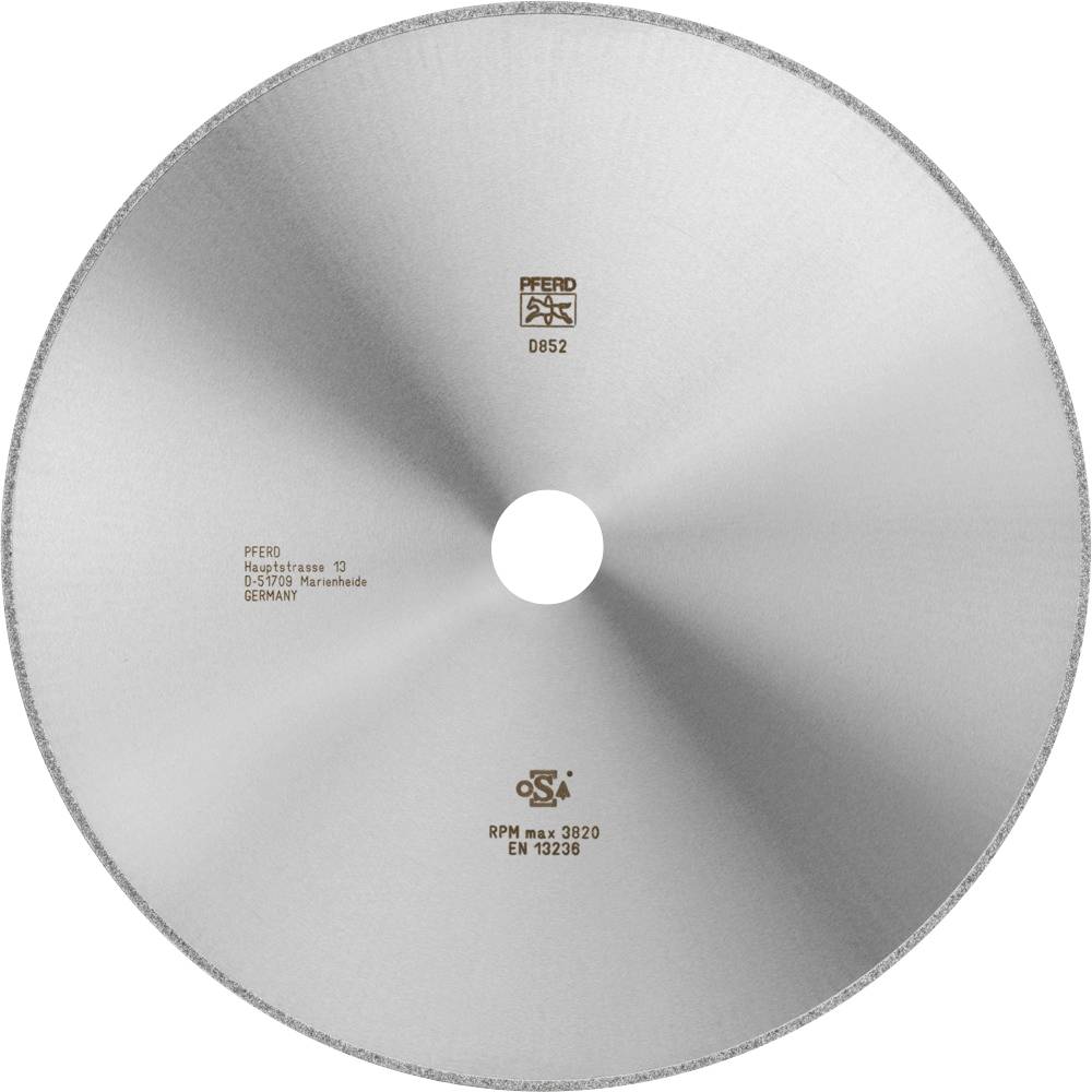 Un disco metallico circolare con superficie liscia e un foro al centro. Contrassegnato con specifiche tecniche.