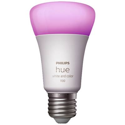Una lampadina Philips Hue, illuminata in alto di colore rosa. Testo sulla lampadina: 'Philips hue white and color 1100'.