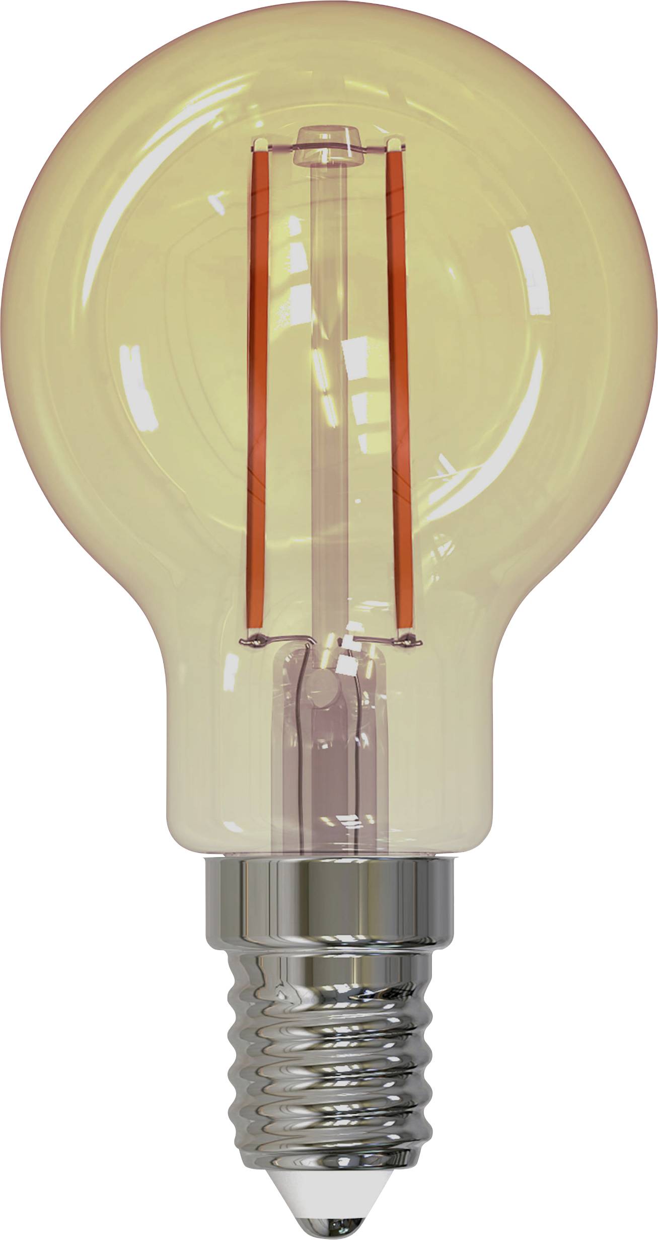 Lampadina con filamento a vista e attacco metallico, accesa e illuminata in un colore giallo caldo.