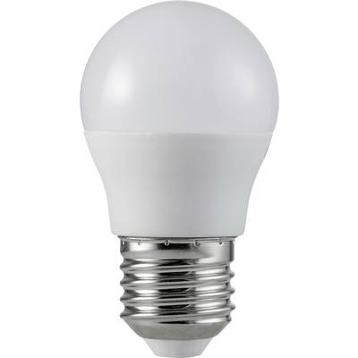 Una moderna lampadina LED con attacco E27. È a risparmio energetico e ha una superficie bianca e sferica.