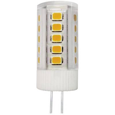 Lampada LED con attacco G9, a forma di cilindro, che mostra diodi a emissione gialla all'interno. Dispositivo di illuminazione a risparmio energetico per uso domestico.