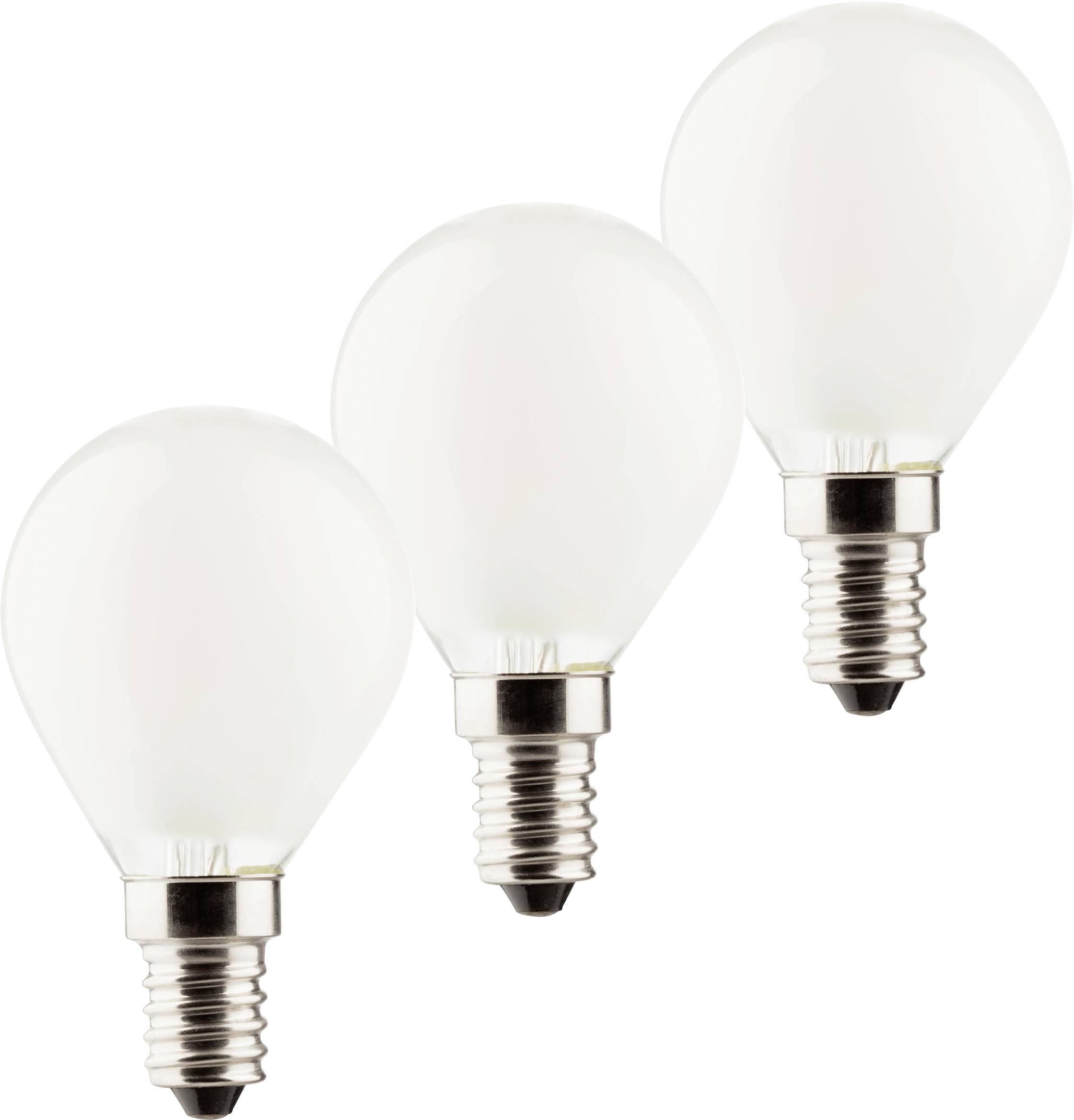 Tre lampadine bianche disposte in fila, su uno sfondo bianco. Hanno una forma rotonda e supporti metallici.