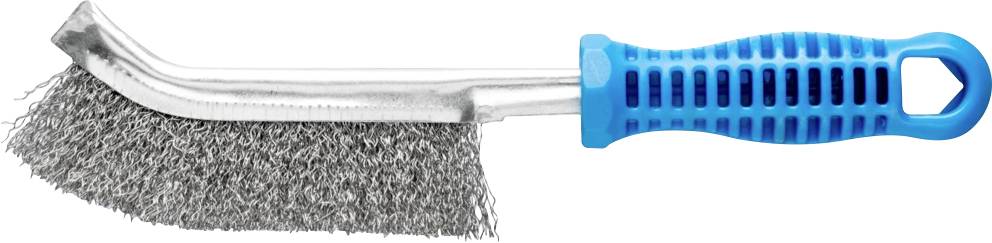 Spazzola metallica con manico in acciaio ricurvo e impugnatura in plastica blu, idonea per la pulizia di superfici metalliche.