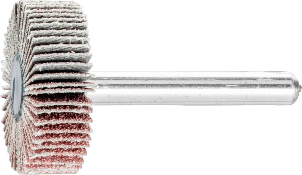 Un attrezzo abrasivo con lame abrasive disposte radialmente, montato su un perno metallico, viene utilizzato per lavorazioni di finitura.