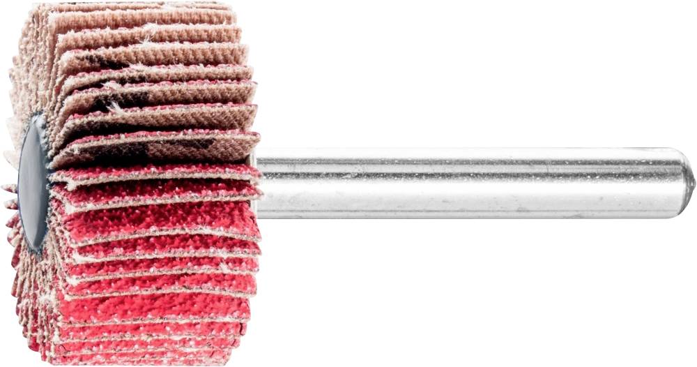 Inserto abrasivo con lamelle rosse e gambo argentato, disposto orizzontalmente. Utilizzato per levigare superfici.