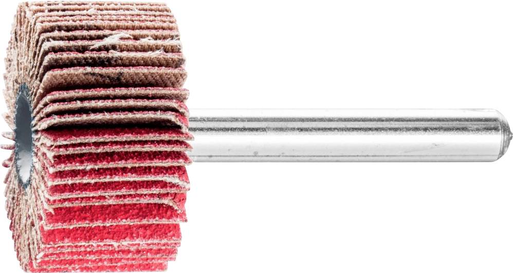 Un accessorio per levigatura con lamelle rosso-marroni su un albero metallico. Viene spesso utilizzato per lucidare o levigare superfici.