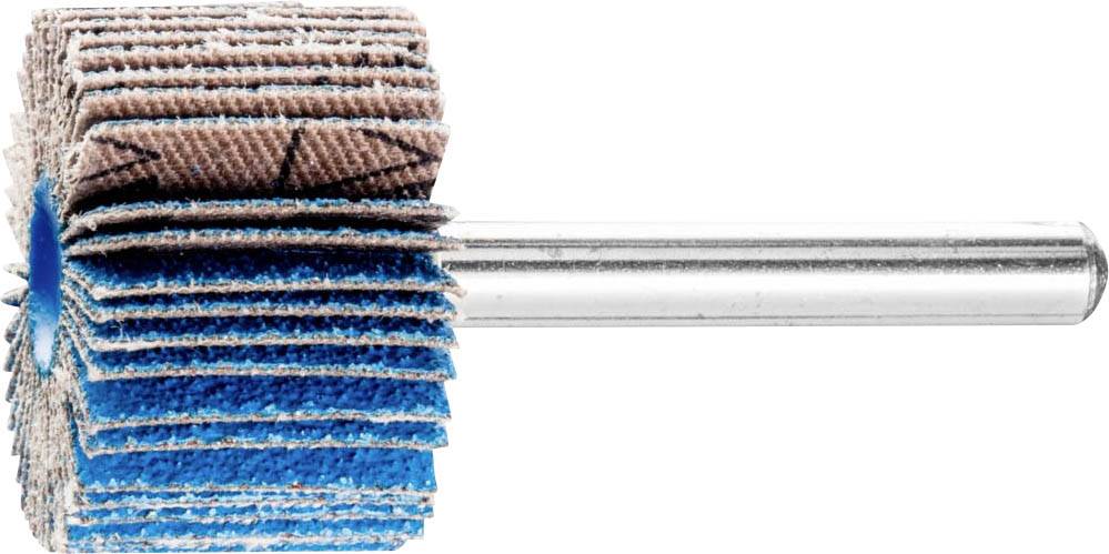 'Rullo di levigatura con lamelle a ventaglio blu e marroni e un perno metallico.'