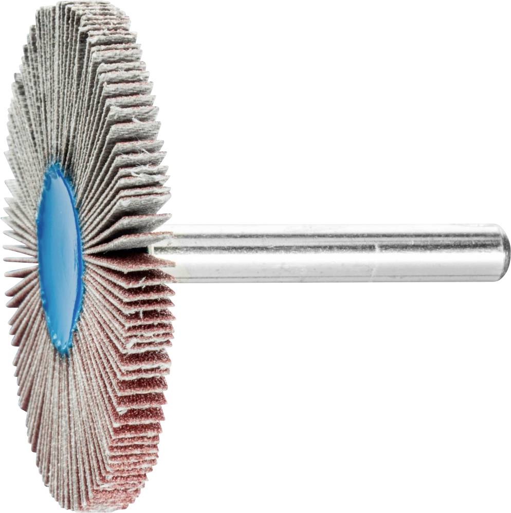 L'immagine mostra un accessorio per levigatura con palette a ventaglio fissate su un disco blu. Un gambo in acciaio è montato al centro.