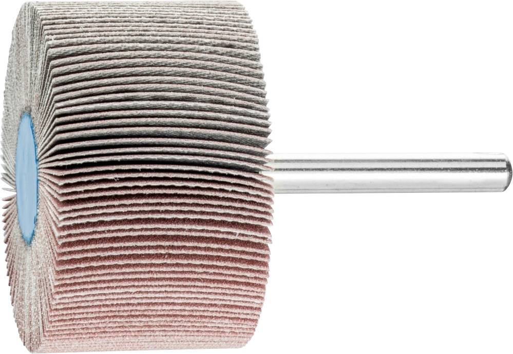 Mop abrasivo con numerose carte abrasive disposte a ventaglio intorno a un cilindro, montato su un perno metallico.