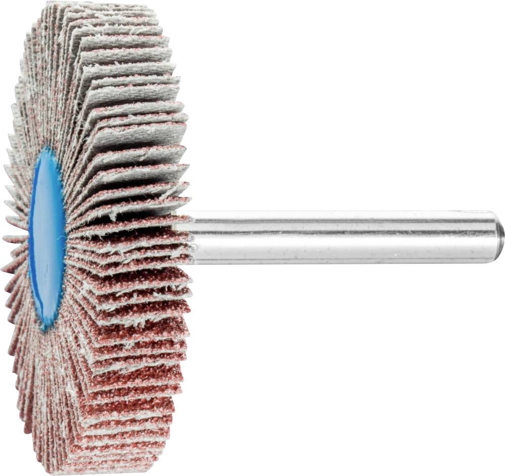 Mop abrasivo con lamelle rosso-bianche e asta in metallo. Utilizzato per levigare e lucidare superfici in applicazioni artigianali e industriali.