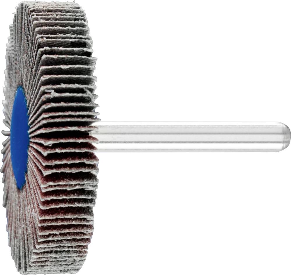 Disco abrasiva a lamelle, montata su un'asta metallica, su sfondo bianco. Ideale per lavori di levigatura di precisione.