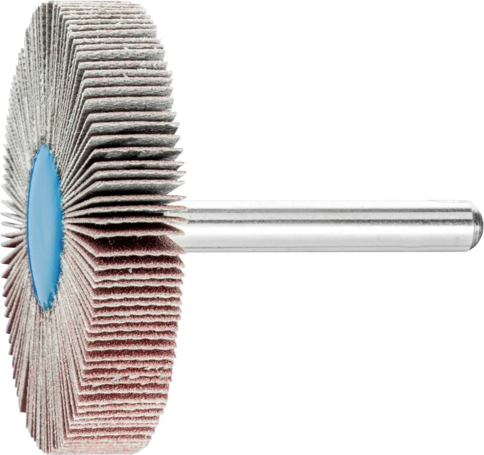 Un disco abrasivo a lamelle con albero metallico. Il disco è composto da numerose lamelle abrasive sovrapposte.