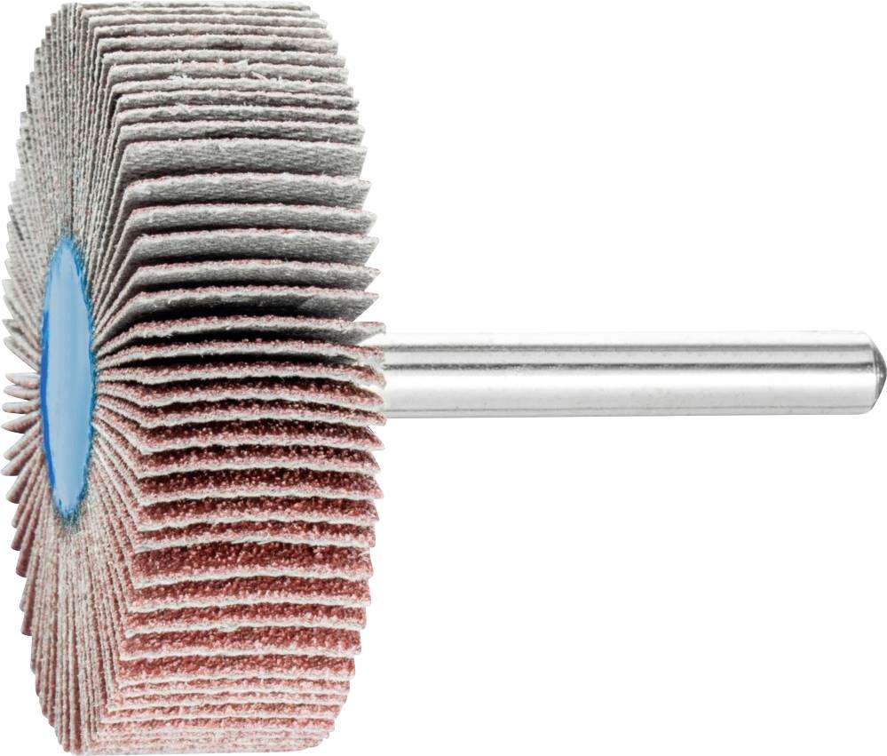 Disco lamellare con centro blu e diverse lamelle abrasive su un asse metallico, utilizzata per lucidare e levigare.
