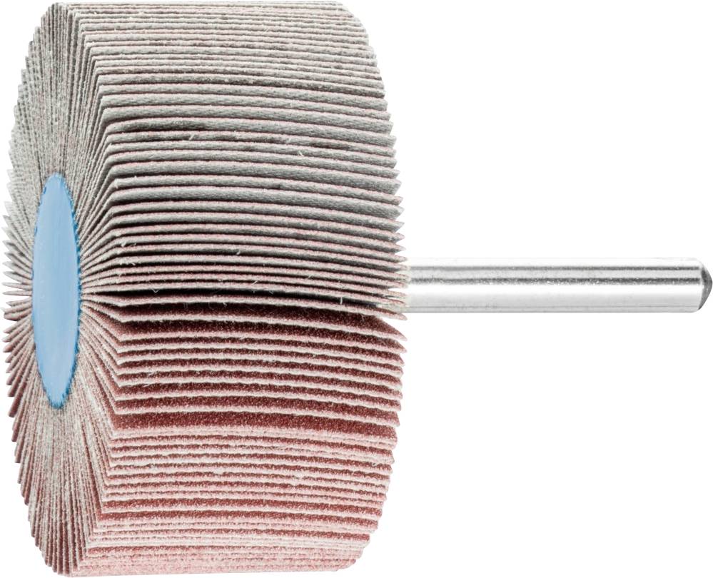 Mop abrasivo con perno metallico, composto da lamine abrasive disposte radialmente, utilizzato per la levigatura e finitura di superfici.