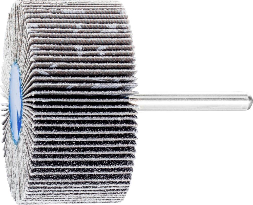 Uno strumento abrasivo cilindrico con più dischi sottili a raggi e un manico metallico, utilizzato per una levigatura di precisione.