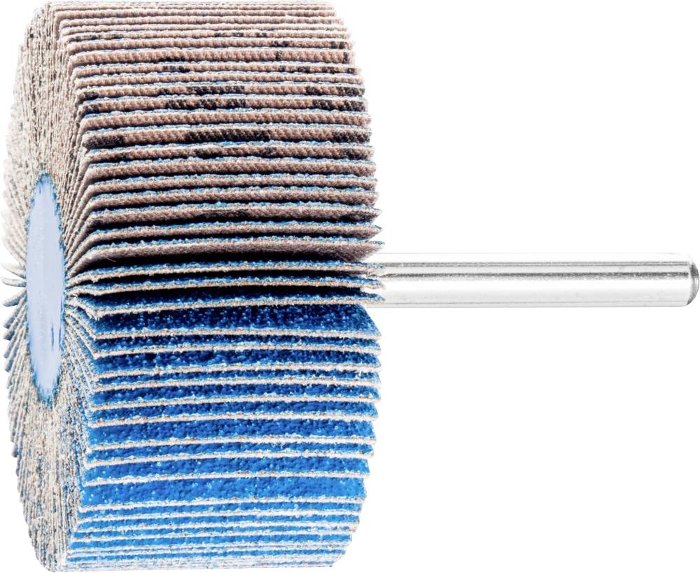 Un utensile per levigatura con dischi abrasivi blu e marroni montati su un perno metallico, raffigurato di lato.