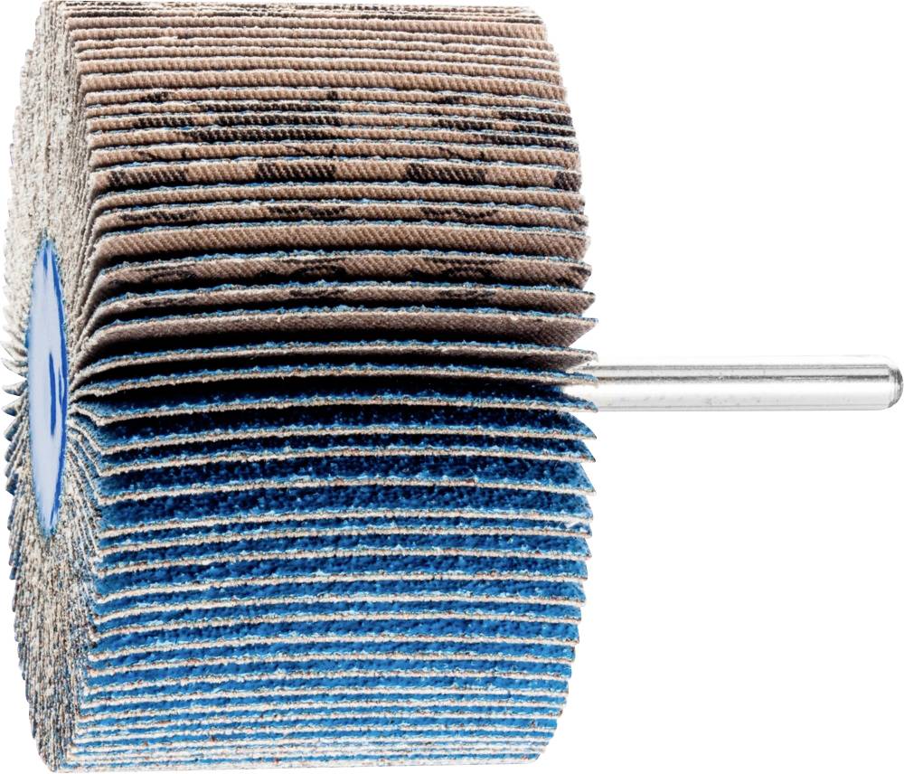Un ventaglio abrasivo composto da più strati di carta vetrata con colore blu-marrone, fissato a un'asta metallica.