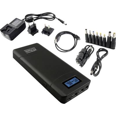 Powerbank esterna con display che mostra '96%'. Include cavo di ricarica, vari adattatori e caricabatterie. Ideale per viaggiare.