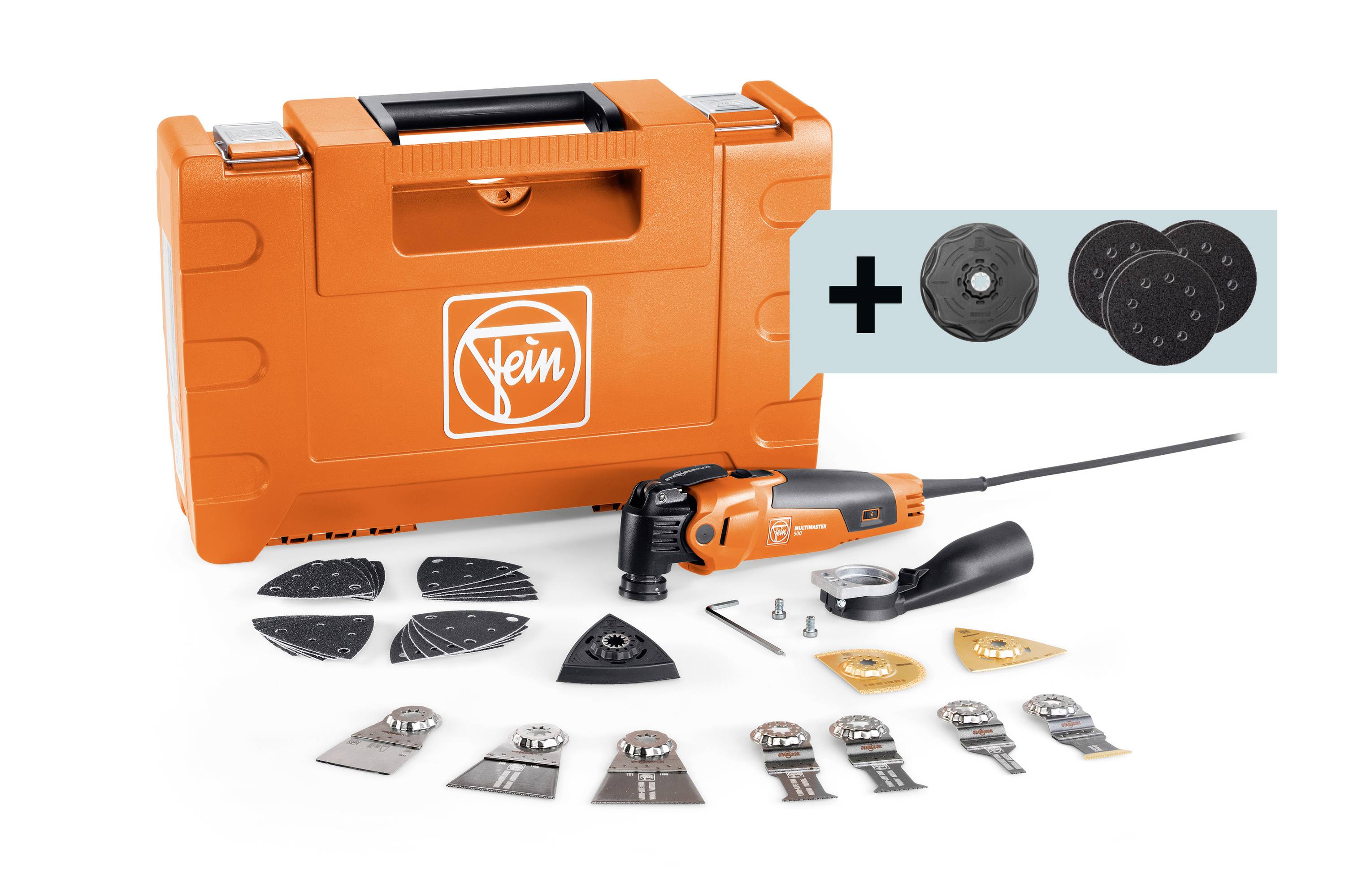 Set di utensili 'Fein Multimaster' con scatola arancione, multifunzione, con diversi accessori e componenti. Ideale per progetti fai-da-te.