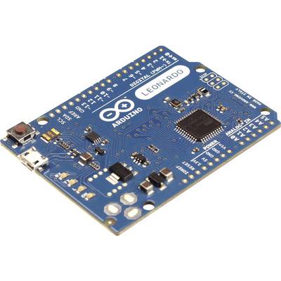 Arduino Leonardo scheda microcontrollore con circuito stampato blu, connettore USB a sinistra. Etichetta 'LEONARDO' e logo visibili.