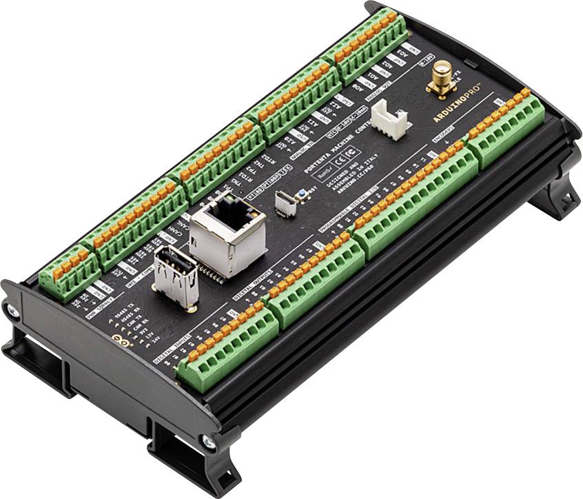 Dispositivo di controllo 'Modicon M171' con vari connettori e etichette su una scheda elettronica rettangolare nera.