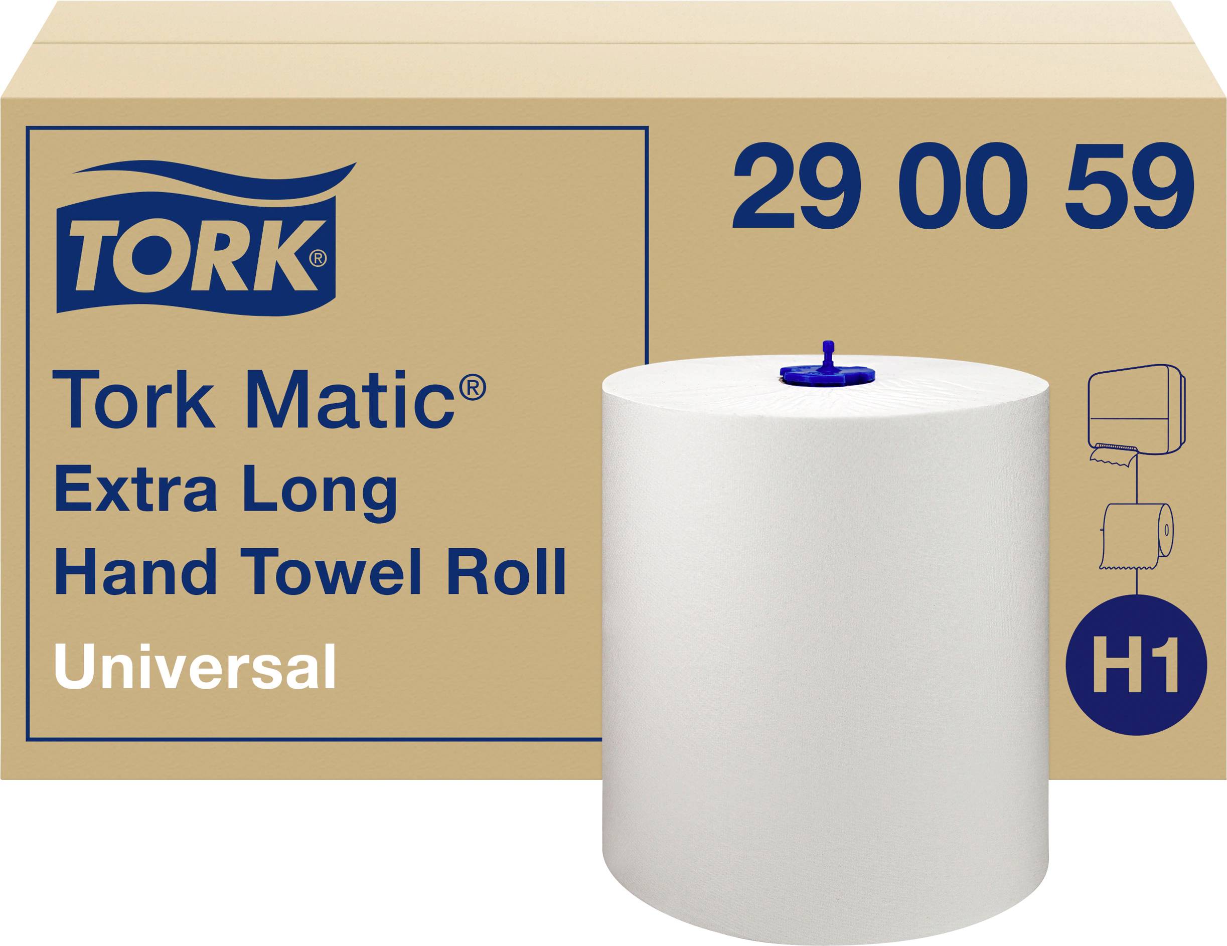 Scatola con la scritta 'Tork Matic Extra Long Hand Towel Roll Universal H1'. Nel primo piano è visibile un rotolo di asciugamani di carta.