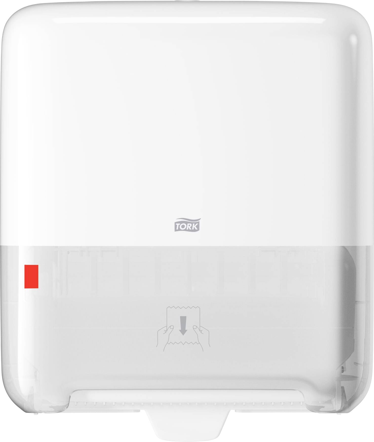 Dispenser di asciugamani di carta monoparete in plastica bianca del marchio 'Tork', con indicatore rosso e istruzioni illustrate per l'estrazione della carta.